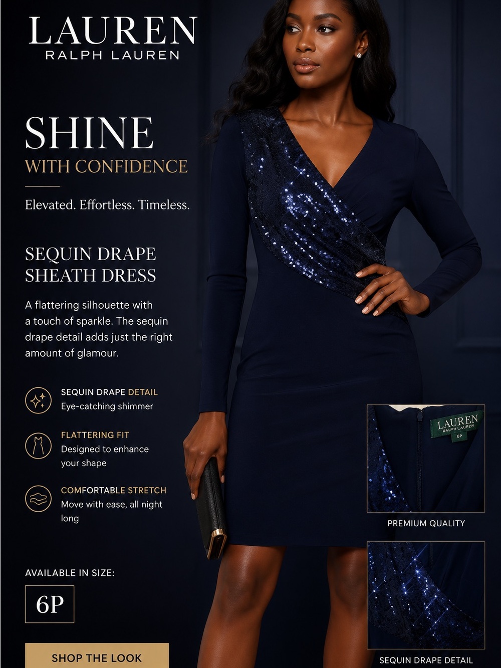 Lauren Ralph Lauren Navy Sequin Drape Sheath Dress size 6P